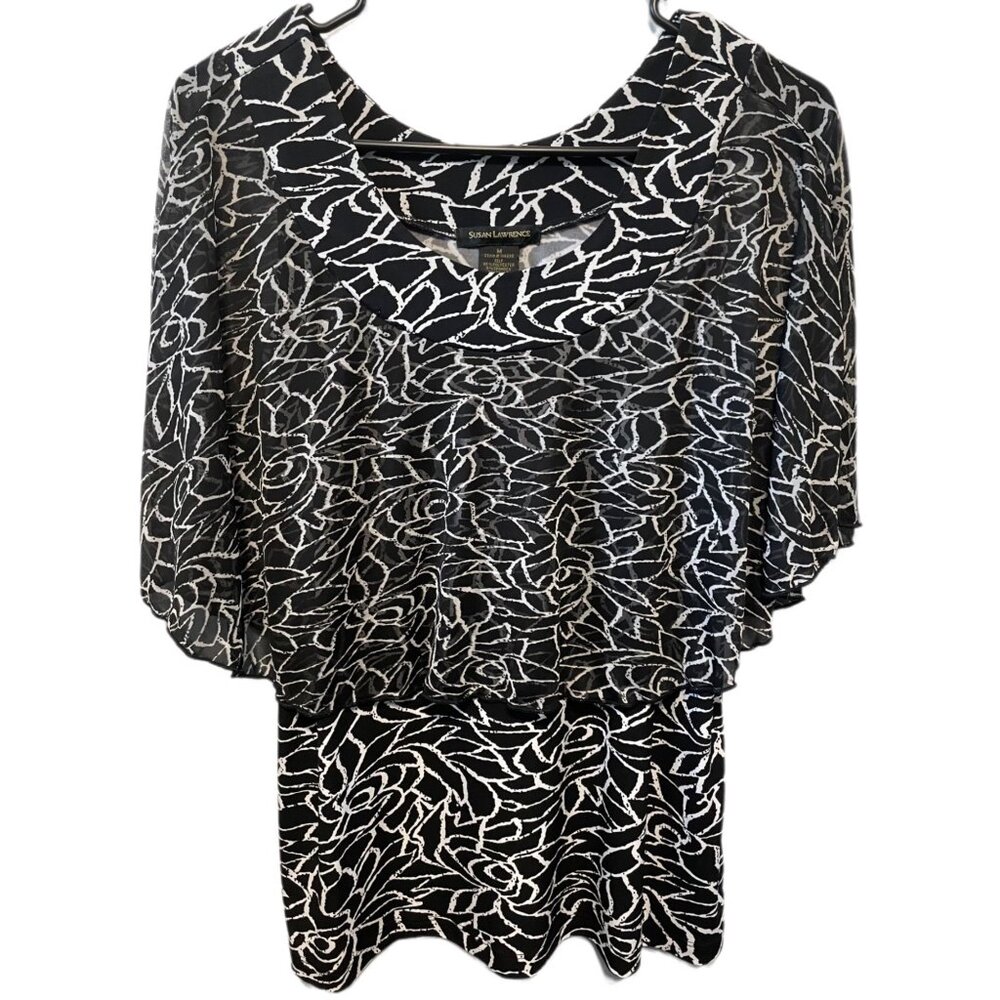Susan Lawrence Black White Floral Overlay Top Medium Sheer Layered Blouse